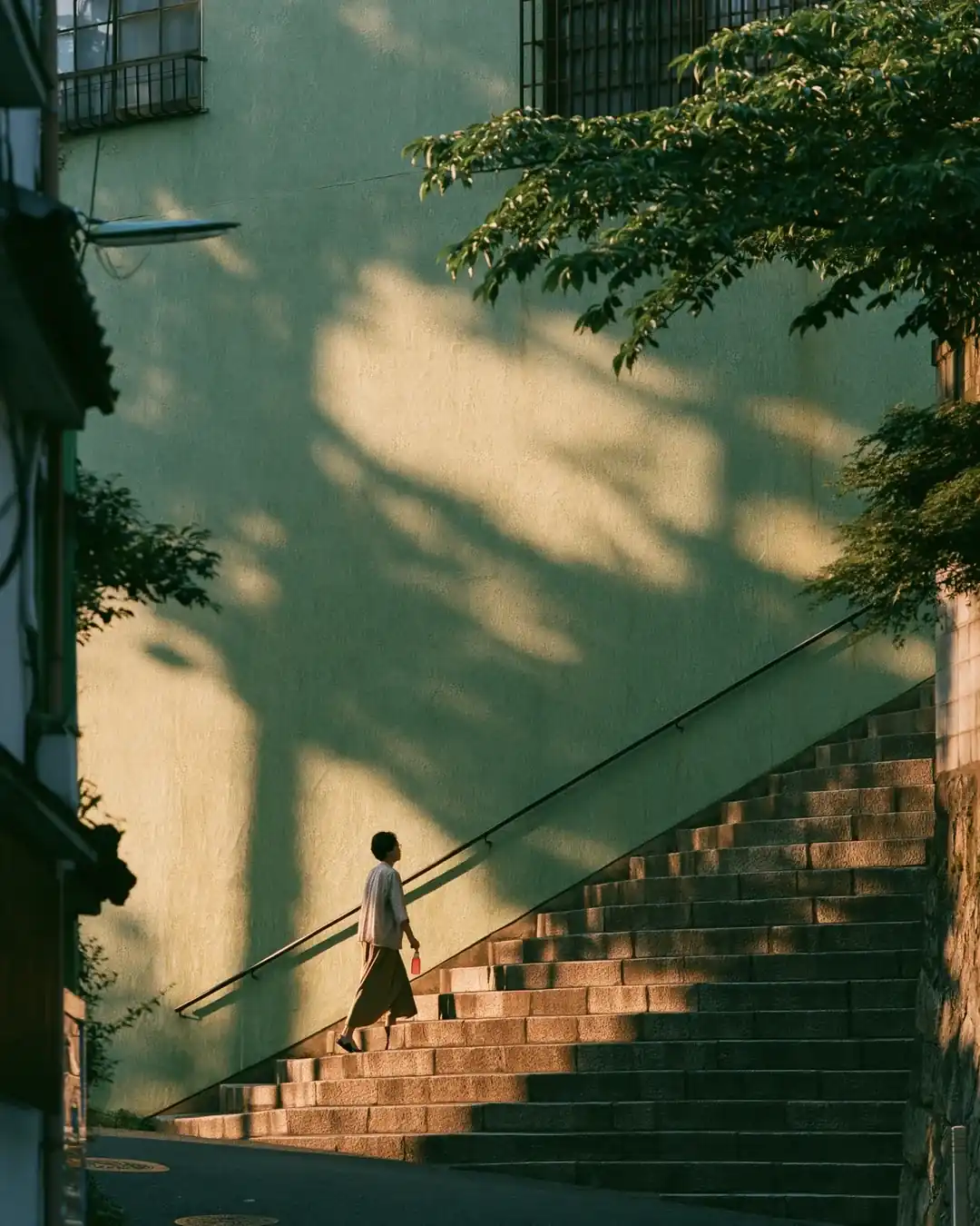 A woman climbing a long flight of stone steps beside a sunlit green wall.