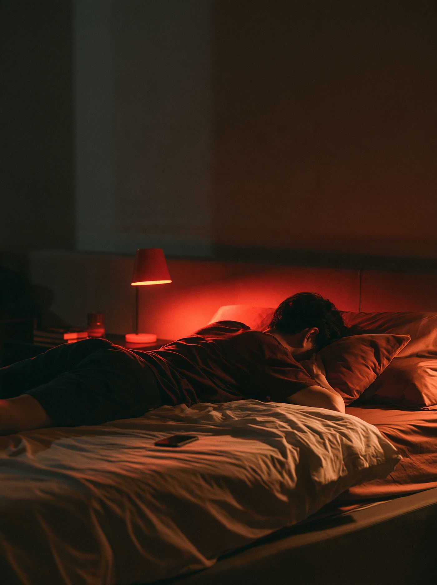 A man lies face down on his bed at night beside a red lamp, his phone on the covers.