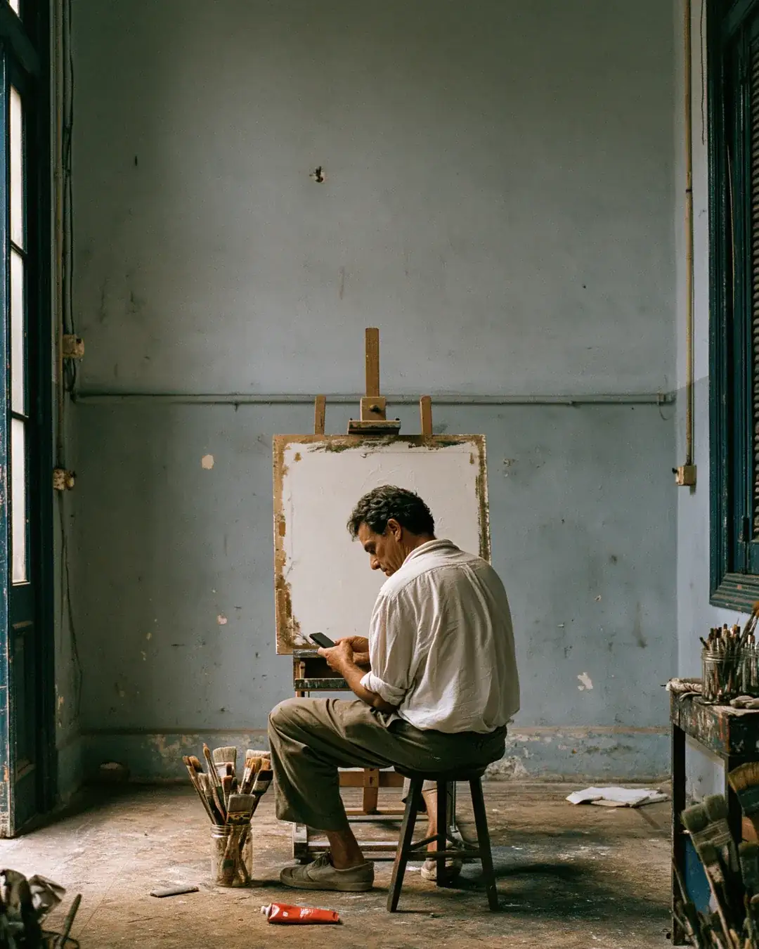 A painter on a stool with his back to a blank canvas, looking at his phone, in a pale blue studio.